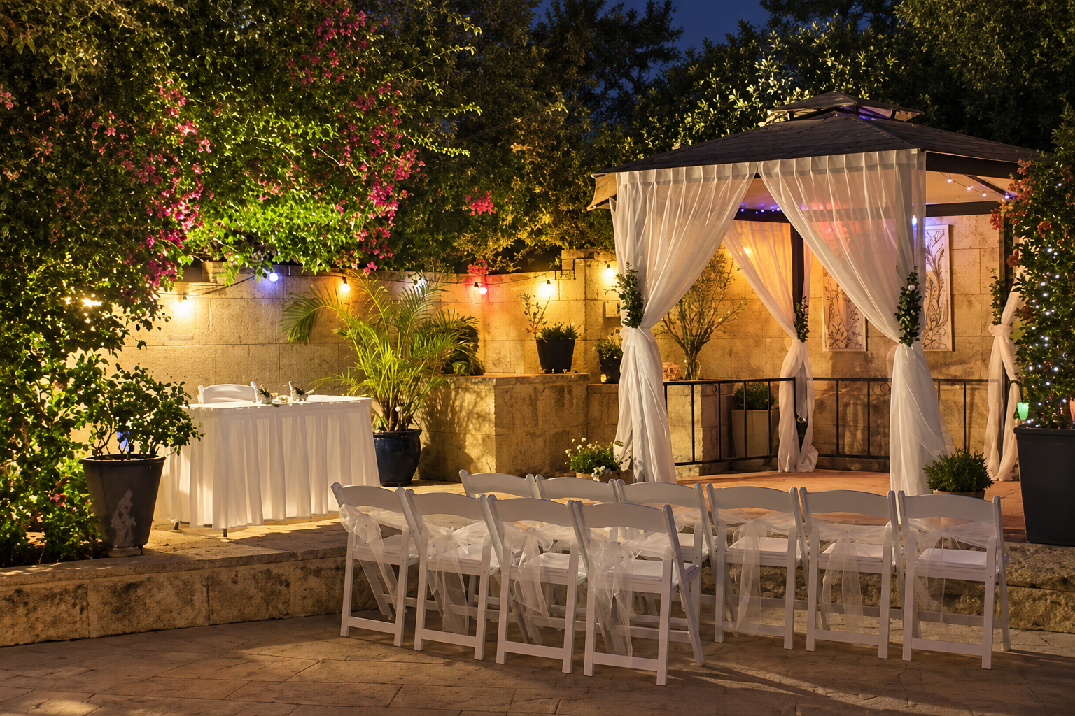Poolside gazebo ceremony setup at night with white chairs, draped curtains, flowers and string lights