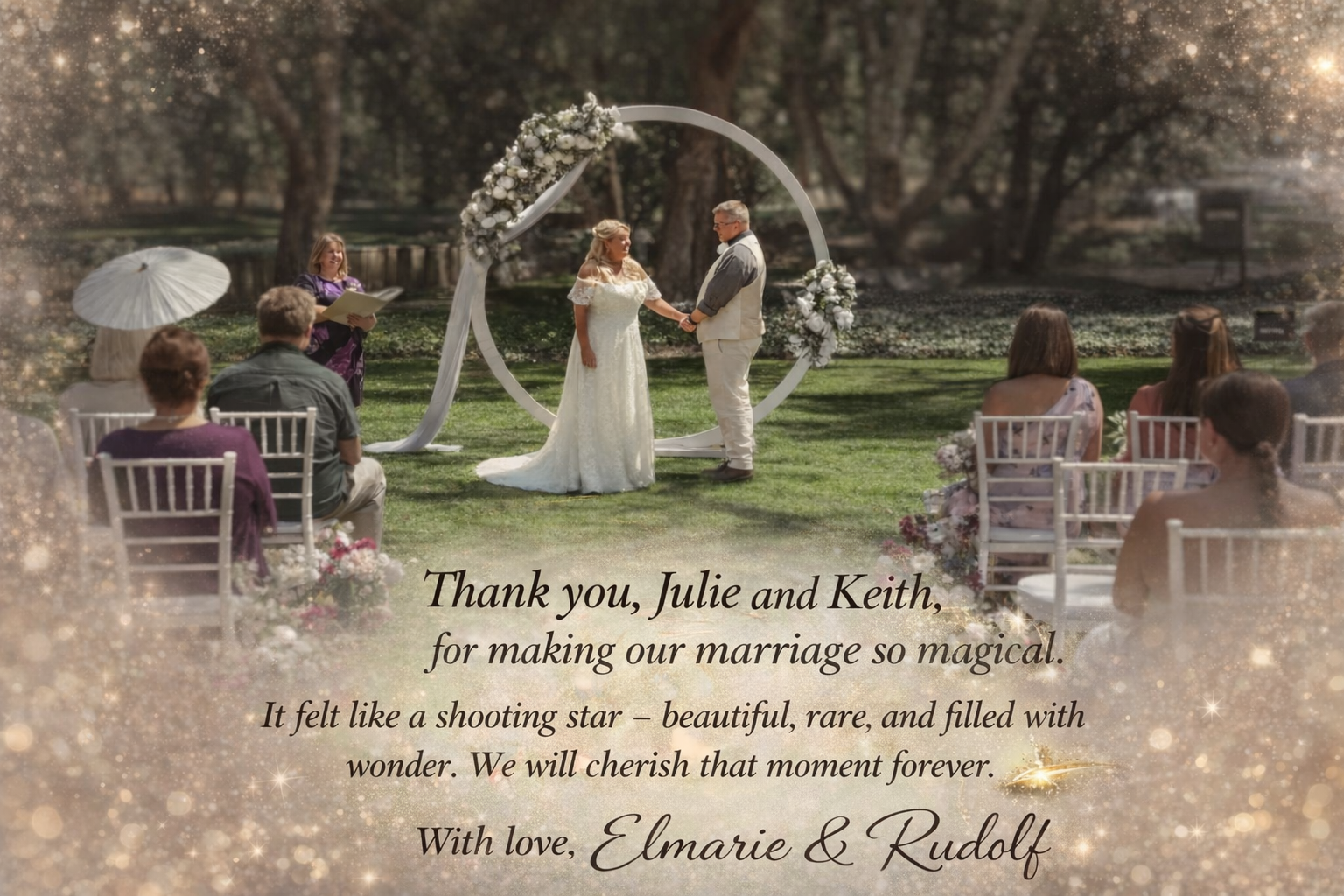 Thank you card from Elmarie and Rudolf showing their garden ceremony with Julie