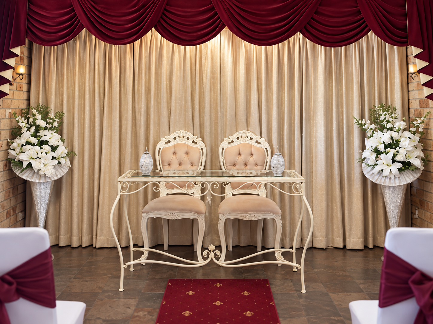 Elegant indoor marriage office with ornate seating, signing table and soft draping