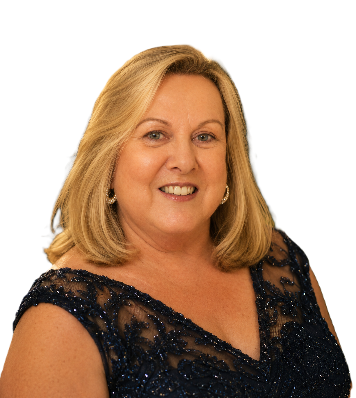 Julie Chesson smiling in a navy beaded dress